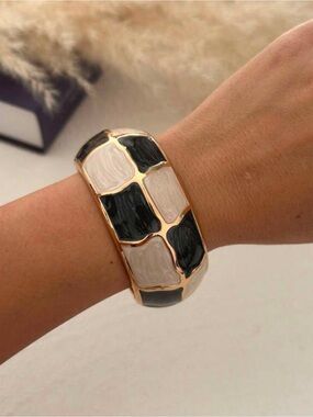 Gold-Tone Black and Cream Enamel Link Bangle